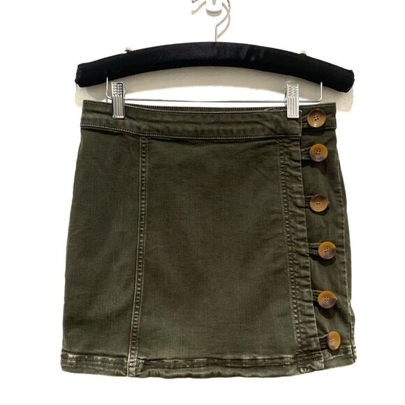 Vtg Free People Y2K  Army Green Tortoise Button Down Denim Mini Skirt - Picture 6 of 14